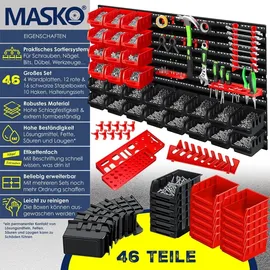 Masko MASKO® Wandregal + Stapelboxen + Werkzeughalter 45 tlg Box Erweiterbar Werkstattregal Lagerregal Steckregal, Set Box Sichtlagerkästen Schüttenregal Hängeregal Sortimentskasten Kleinteilemagazin