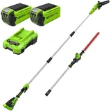 Greenworks 40V Akku-2-in-1-Stangensäge und Stangenheckenschere, bürstenlose Motor-Stangensäge 30 cm Stange, Trimmer 51 cm Dual Action Klingen, MIT Akku*2 und Ladegerät GD40PSHK2x
