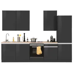 Küchenzeile KOCHSTATION "KS-Ohio", grau (front: grau hochglanz, korpus: grafit, arbeitsplatte: eichefarben), B:300cm T:60cm, Komplettküchen-Sets, ohne E-Geräte, Breite 300 cm