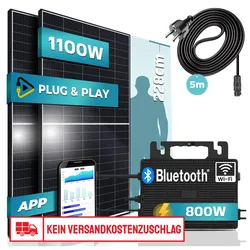 SUNNIVA® Balkonkraftwerk 1100/800W Solaranlage mit 800W Astro-Energy Micro Wechselrichter mit Wifi Bluetooth, upgradebar drosselbar, 2x 550W Solarmodule, 5m Kabel, Solarkabel, Photovoltaikanlage