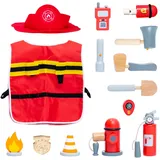 UMU® Kinder Holz Feuerwehrmann Spielset mit Feuerwehr Kostüm inkl. Kappe, Feuerlöscher, Funkgeräte, Pfeife u. v. m., Spielzeug Set zum Rollenspiel, 14 STK Feuerwehrausrüstung, für 3, 4, 5 Jahre alt