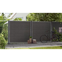 Zaunelement Futura 180 x 180 cm- WPC Sichtschutz aus WPC Lamellen - schiefergrauer WPC Sichtschutzzaun mit Glas - Sichtschutz für Garten & Terrasse
