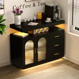 FREDEES LED Küchenschrank mit Ladefunktion, küchenbuffet mit 3 Schubladen und RGB Licht, Holz Sideboard mit Regal Kapazität für Esszimmer/Wohnzimmer/Küche(Schwarz)