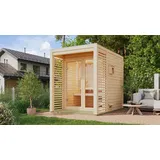 Woodfeeling Karibu Gartensauna Saunahaus Angkor 1 9 kW Ofen inkl. Steuergerät inkl. 8-teiligem gratis Zubehörpaket (Gesamtwert 191,92€)