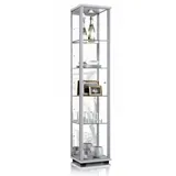 K-Möbel Glasvitrine in Alu/Silber (176x37x33 cm) mit 4 höhenverstellbaren Glasböden, Spiegel, LED - Modellauto Vitrine Silber - Vitrinenschrank Silber - Sammlervitrine - Wohnzimmerschrank Regal Glas