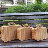 HUIKJI 3 Stück künstlicher Rattan-Koffer, Rattan-Koffer, Rattan-Handtasche, Picknickkorb, handgefertigte Tragetasche mit Metallrahmen für Hochzeitseinkäufe