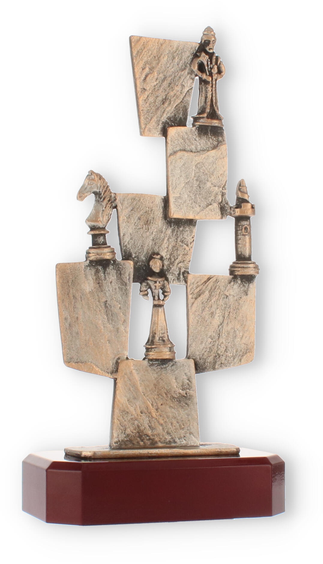 Pokal Zamakfigur Schachfiguren altgold auf mahagonifarbenen Holzsockel 26,0cm