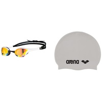ARENA Unisex – Erwachsene Cobra Ultra Swipe Mr (Yell-White) Swim Goggles, 1 & Unisex Badekappe Classic Silikon (Verstärkter Rand, Weniger Verrutschen der Kappe, Weich), White-Black (15), One Size