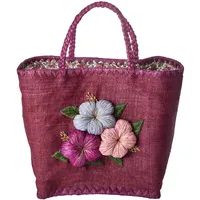 Rice Große Raffia Tasche mit Blumenstickerei, in pflaume |