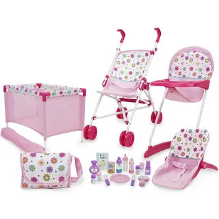 509 Crew 21 Piece Doll Stroll n Play & Care Combo Set, Doll Stroller, Doll Playard, Doll High Chair Set, Carry Cot, Diaper Bag, Feeding and Grooming Accessories, Ages 3+