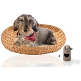 Rohrschneider Hundekorb runder Hundekorb aus geflochtener Wasserhyazinthe, Hundebett, herausnehmbares Kissen, gemütliches Sofa für kleine und große Hunde beige 56 cm x 56 cm