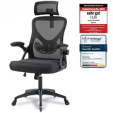 Ergoreal Ergonomischer Mesh‐Bürostuhl für Home Office, mit Verstellbarer Lendenstütze & 2D‐Kopfstütze, klappbare Armlehnen, leise PU‐Rollen, stabile Gasfeder Klasse 3, bis 150 kg(Tiefe Schwarz)