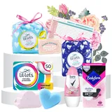 First Period Kit für Mädchen – mit Lil Lets Damenbinden und Einlagen, Bodyform Slipeinlagen, Roll-on-Deodorant, Badebombe, Mini-Seife und Perioden-Tracker