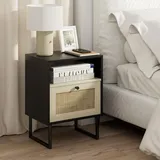 heyzoey Boho Rattan Nachttisch Kleiner Holz Beistelltisch mit Schublade Eiche