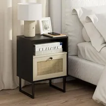heyzoey Boho Rattan Nachttisch Kleiner Holz Beistelltisch mit Schublade Eiche