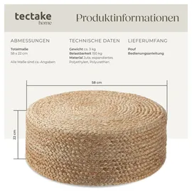 Tectake Handgefertigter Beige, rund, 58x22x58 cm, Wohnzimmer, Hocker, Poufs