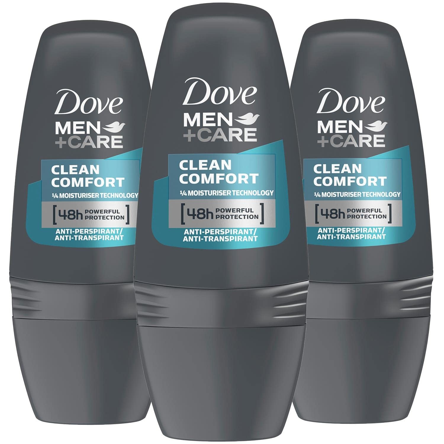 Dove Men+Care Anti-Transpirant Deo 3er Pack Roll-On für 48 Stunden Schutz Clean Comfort 0% Alkohol (3 x 50 ml)
