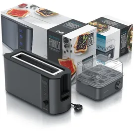 Arendo Frühstücks-Set, Eierkocher EIGHTCOOK, 2-Scheiben Langschlitz Toaster, Grau