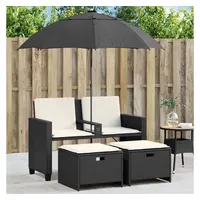 vidaXL Gartensofa 2-Sitzer Sonnenschirm und Hocker Schwarz Poly-Rattan