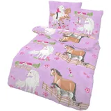 Pferde Bettwäsche Set 135x200 für Mädchen Kinder Rosa - Pferd Pony Kinderbettwäsche - Renforce Baumwolle - Kissen 80x80 + Bettbezug