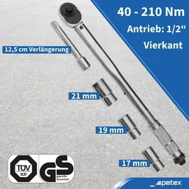PETEX Rangierwagenheber, 2 T, hydraulisch + Drehmomentschlüssel 40-210 Nm, inkl. 3 Stecknüsse 17/19/21 mm, 1 Verlängerung - Set