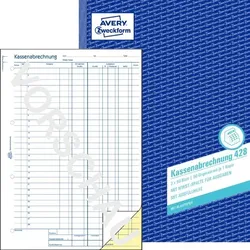 Avery Zweckform Kassenabrechnung, MwSt.-Spalte für Ausgaben, 1. Blatt mit Mikroperforation, A4, weiß/gelb, mit Blaupapier, 2 x 50 Blatt