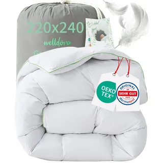 welldora Komfort Bettdecke 220x240 Winter | 100% Extraweiche Federn & Daunen | Fachärztlich geprüft, Oeko-Tex, Allergiker | Zertifiziert für Tierwohl | Dicke extrawarme Winterdecke Daunendecke