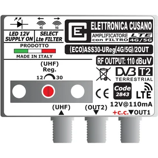 (ECO) ASS30-UReg(4G/5G)/2OUT TV-Antennenverstärker mit LTE Filter 4G und 5G (wählbar), Mastantennenverstärker, 1 UHF-Eingang, Gain 30dB, Antennenverstärker 2 Ausgänge, Made in Italy
