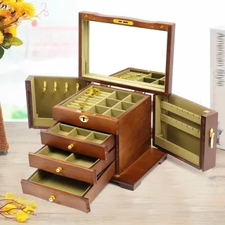 4 Schichten Schmuckschrank Schatulle Aus Holz Große Schmuck KäStchen Kasten AbschließBare Koffer Schaukasten Vitrine Lade Schmuckbox Gift Antike Mit Schloss Spiegel Abschließ Bar Braun