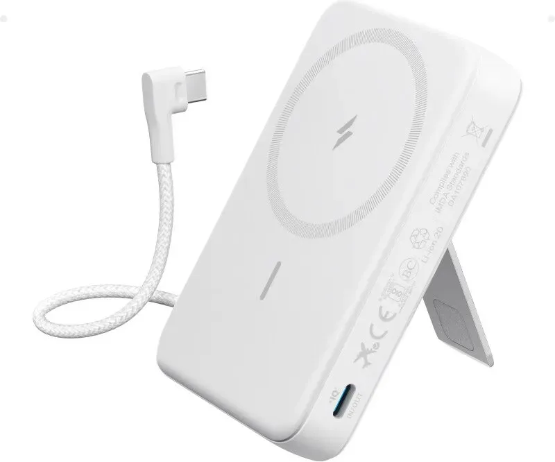 Anker Zolo Powerbank (10K, magnetisch, integriertes USB-C-Kabel, Weiß)