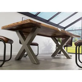 MASSIVMOEBEL24.DE Baumtisch Sheesham 220 x 77 x 100 cm natur sandgestrahlt/silber matt