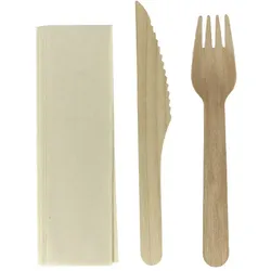 MONOUSO - Holzbesteck mit Wachsschicht Gabel, Messer und Serviette (250 Stück)