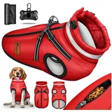 TRESKO Hundejacke Winter mit Reflektoren inkl. 15 Stück Kotbeutel, + Spender Hunderegenmantel wasserdicht Hundemantel mit Geschirr Weste rot 3XL