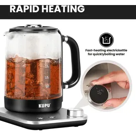 KUPU Wasserkocher mit Temperatureinstellung, 1,6L Wasserkocher Glas, 2200W schnelles Aufheizen, mit Trockengehschutz, Warmhaltefunktion, Auto-Off - Schwarz
