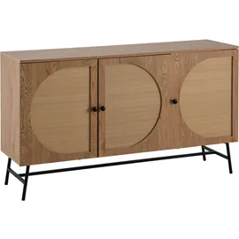 FineBuy Sideboard 140cm MDF Eiche Dekor mit 3 Türen in Ratten Wiener Geflecht Design Kommode mit Metall Schwarz