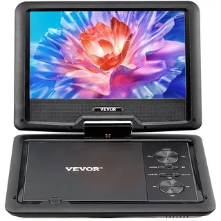 Vevor tragbarer DVD-Player mit drehbarem HD-Bildschirm (256 mm), eingebauter Akku mit 4 Std. Laufzeit, 2 Lautsprecher, unterstützt Synchronisierung von TV/USB/SD-Karte/CD/DVD, Autoladegerät schwarz