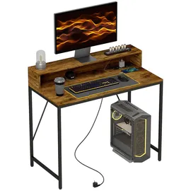 Homcom Computertisch, Schreibtisch mit Anschlüssen, Bürotisch mit Monitorfläche und Ablage, Pc Tisch für Büro, Arbeitszimmer, 100 x 50 x 90,5 cm, Rustikales Braun Holzwerkstoff, 100x90.5x50 Schreibtische, Computertische
