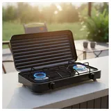 MuCoLa Gaskocher 2 Flammig Mit Deckel Camping Kochfeld Herd Outdoor Schwarz Metall Blackout Notfallausrüstung Zelten Lpg Propangas Gasflasche Gasherdkreuz