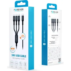 Wisam® 3in1 Kabel USB-C - Lightning + 2x USB-C 1,2m 60W | Schwarz