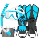 HH HHAO SPORT Schnorchelset Kinder mit Flossen, 180° Anti-Fog Panorama Weitblick Taucherbrille Kinder, Verstellbaren Schwimmflossen, Hochwertige Tauchermaske und Dry Top Schnorchel für Schwimmen