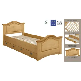 otto home Massivholzbett OTTO HOME "Konrad, Stauraumbett, Messinggriffe, rustikaler Landhausstil", beige (natur), B:103cm H:90cm L:209cm, Betten, Massivholzbett, mit FSC-zertifiziertem Massivholz, Liegehöhe 40 cm