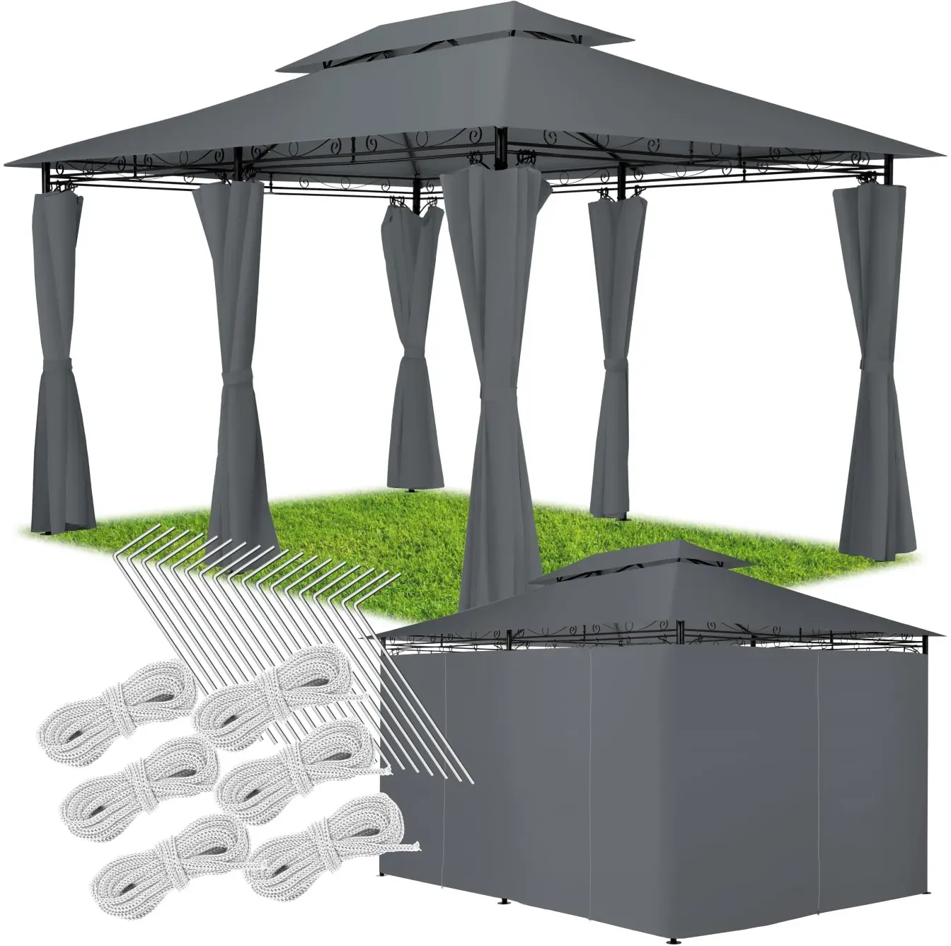 tectake® Gartenpavillon, 4 x 3 m, Doppeldachsystem, inklusive Spannseilen und Heringen