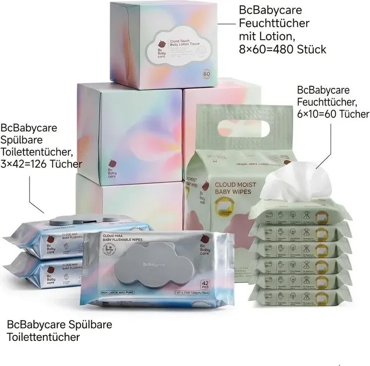 Bc Babycare Reise-Feuchttücher-Bundle, Feuchttücher 10 Stück, Lotion-Tücher 60 Stück, herunterspülbare Toilettenpapiertücher 42 Stück, Baby-Körperpflege-Essentials
