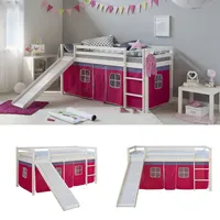 Hochbett 90x200 mit Rutsche Kinder Weiß Bett Stockbett Vorhang Pink Homestyle4u