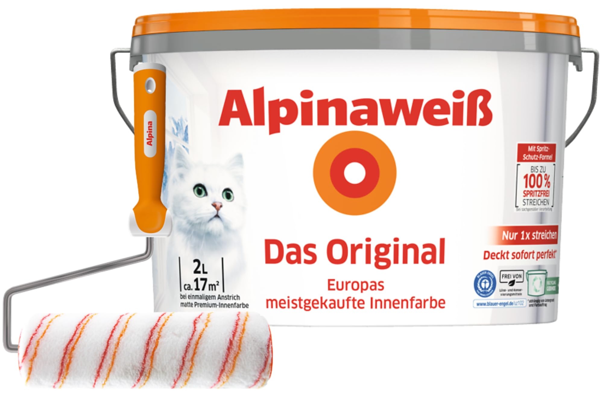 Alpinaweiß Das Original – optimal deckende und ergiebige weiße Wandfarbe – mit Spritz-Schutz-Formel – inkl. Spezial-Roller - 2 Liter
