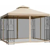 Outsunny Gartenpavillon Pavillon Festzelt Partyzelt wetterfest Zelt mit 4 Ablagen Metall + Polyester Beige 2,98 x 2,98 m