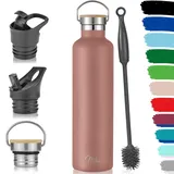 MILU Edelstahl Trinkflasche 350ml 500ml 750ml 1000ml (+3 Deckel) Thermosflasche mit Strohhalm, Isolierte Wasserflasche, Auslaufsichere Isolierflasche doppelwandig (Rose Gold, 1000ml)