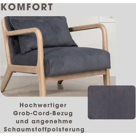byLIVING Sessel NOHR Grob-Cord 65,5 x 78 x 84 cm Grau mit Zierkissen