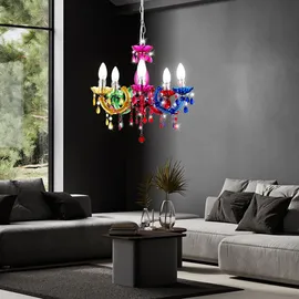 GLOBO Kronleuchter modern Pendelleuchte Schlafzimmerleuchte 5 flammig, Kristalle bunt, Metall Acryl, 5x E14, DxH 44 x 128 cm