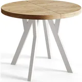 alpi meble Runder Esszimmertisch OVO, ausziehbarer Tisch Durchmesser: 80 cm bis 130 cm Wohnzimmertisch Farbe: Craft mit Stabile Beine in Farbe Weiß - Naturbelassen/Weiß
